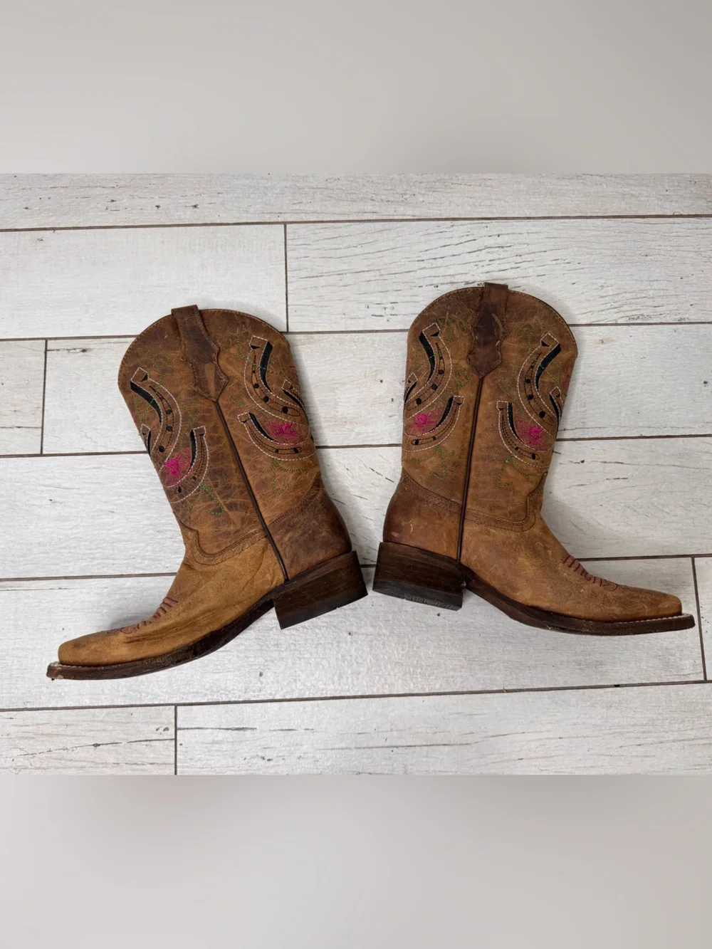 Corral Teens A0007 Western Brown Leather Floral Square Toe Boots Teen Sz 3 T